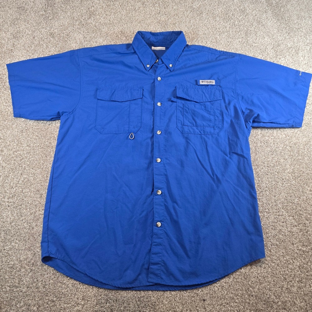 Columbia PFG Bahama II Short Sleeve Fishing Shirt Blue Mens Medium XM7150